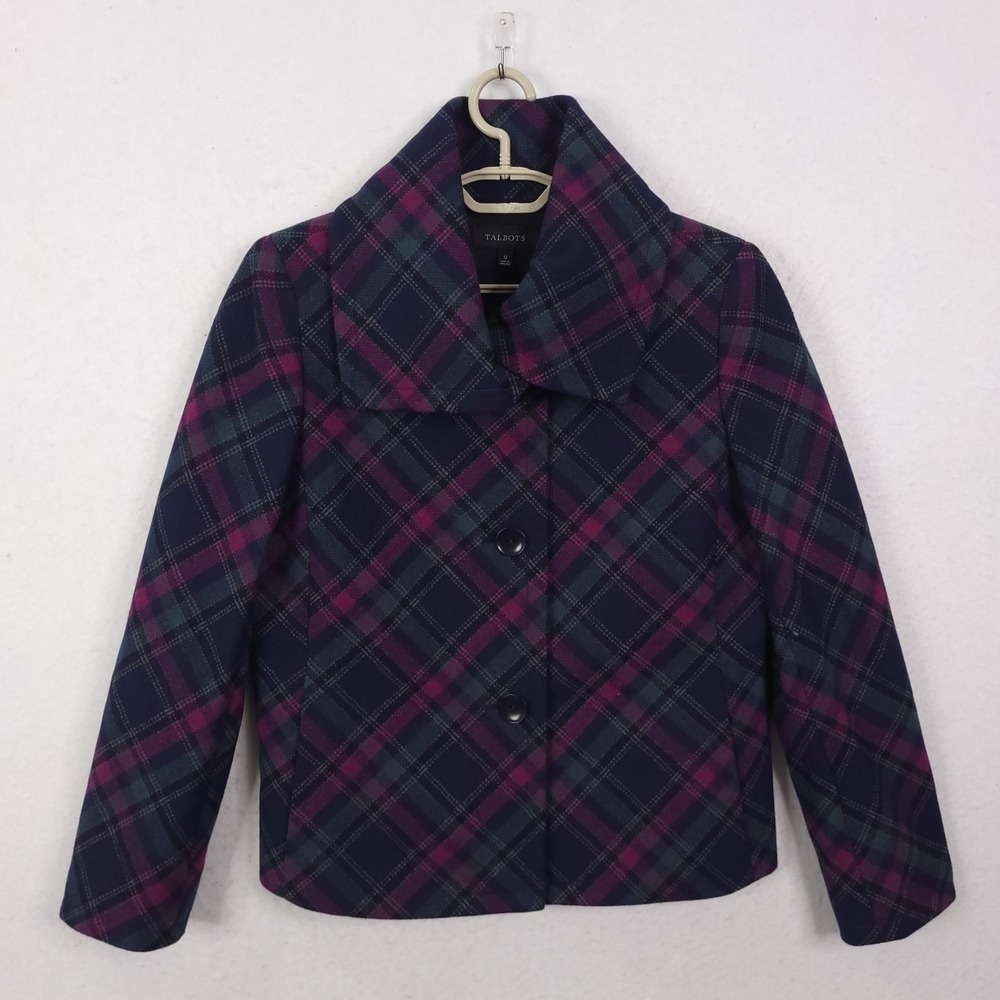 Talbots Plaid Wool Jacket Womens 12 Navy Magenta Portrait Collar Peacoat Blazer